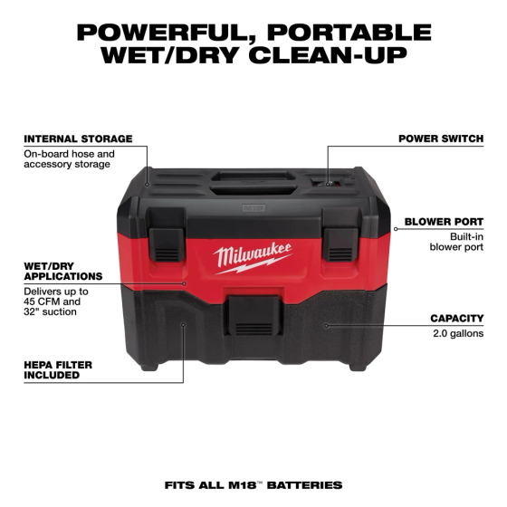 Milwaukee outlets M18 2 Gal. Cordless Wet/Dry Vacuum 18 Volt 10.1 Lb.