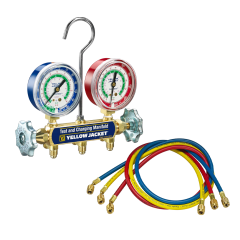 Yellow Jacket® Series 41 2-Valve Brass Manifold Kit with 2-1/2&quot; Gauges (°F) Charging Hoses 1/4&quot; x 1/4&quot; x 36&quot; (R12, R22, R502)