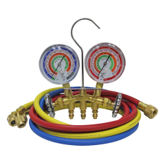 MasterCool® 2-Way Brass Manifold with 3-1/8&quot; Gauges (°F) &amp; Charging Hoses 1/4&quot; x 1/4&quot; x 60&quot; (R22, R404a, R410a)