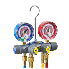 Yellow Jacket® TITAN™ 4-Valve Forged Aluminum Manifold with 3-1/8&quot; Gauges (°F/°C) &amp; Plus II™ 4-Piece Hose Kit with Ball Valves 1/4&quot; x 1/4&quot; x 60&quot; &amp; 3/8&quot; x 60&quot; (R32, R410a - A2L Compatible)